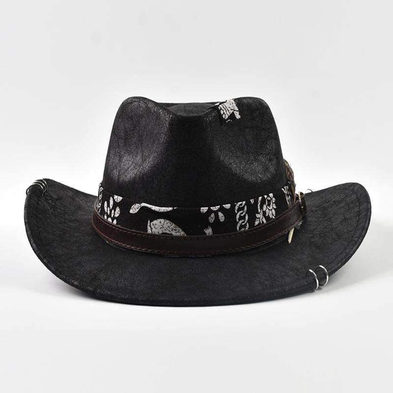 Vintage Faux Leather Western Cowboy Hat for Men Handmade Gentleman Jazz Hats Panama Cowgirl Hat Sombrero Hombre