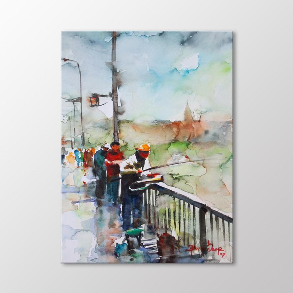 

Акварельная живопись Рыбаки на мосту