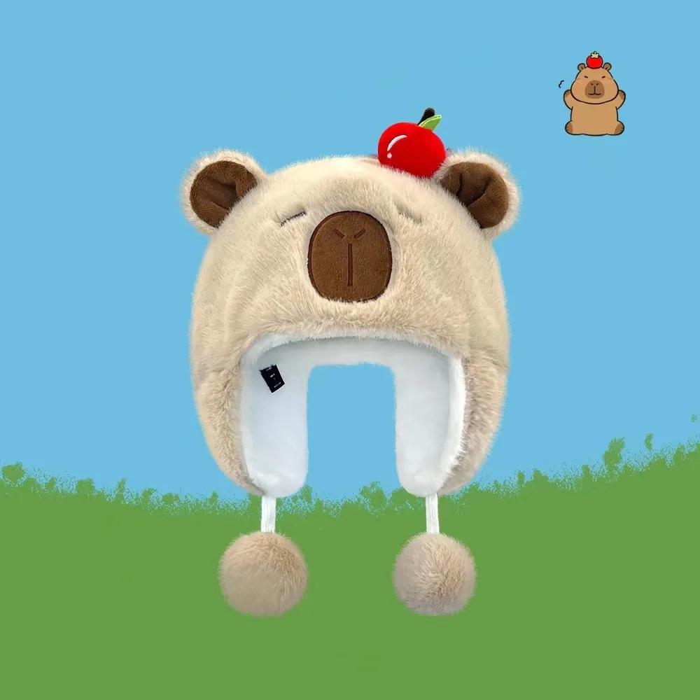 

Miniso cartoon Kapibala plush hat for women in autumn and winter riding cold hair warm ear protection goggles for Lei Feng hat бежевий
