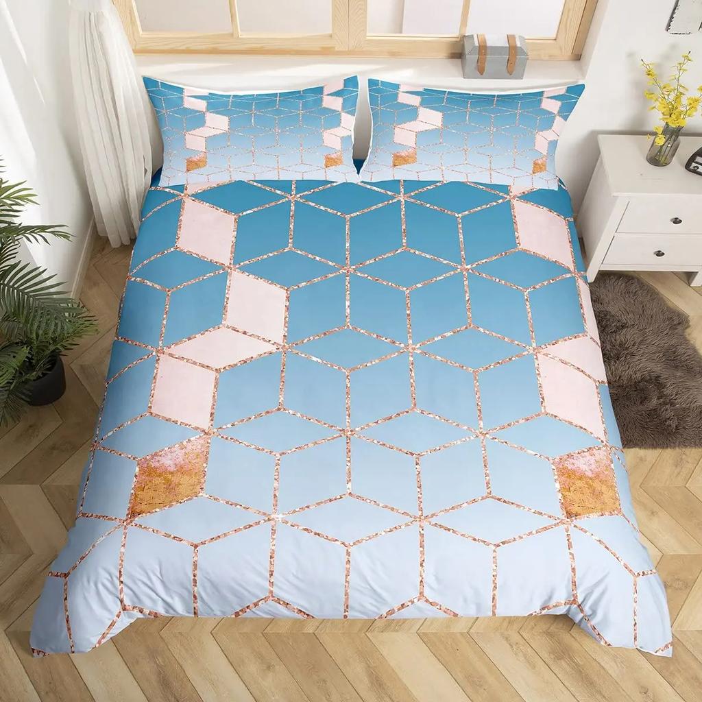 Geometry Ombre Duvet Cover Full King,Honeycomb Marble Geometric Bedding Set For Teen Girls Women Diamond Hexagon Comforter Cover