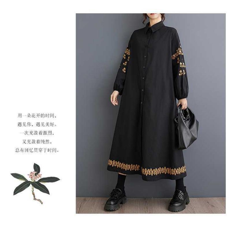 Loose Plus Size Splicing Casual Simple Embroidery Sweet Long Sleeve Dresses