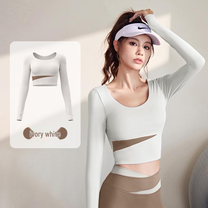 Damen Frühling Colorblock Yoga Set - Nude Feeling Enges Top & Langarm, Brustpolster, Modehose zum Laufen und für Fitness