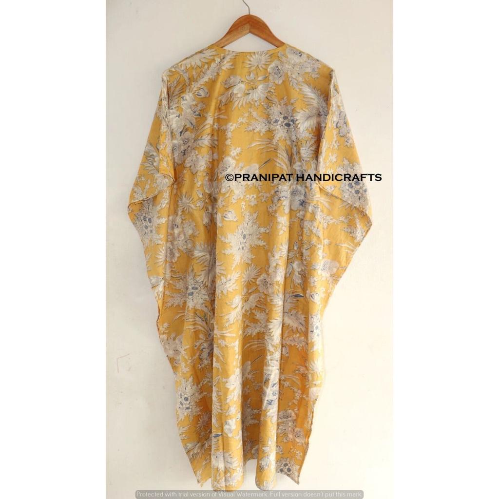 Damen Sommer Baumwolle Hippie Nachtwäsche Blumendruck Gold Langes Maxi Kaftan Kleid CKFTN-SCRN-FULL-BUYIT-083