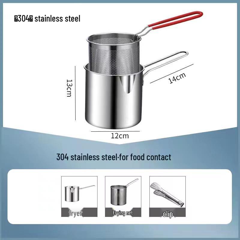 304 Stainless Steel Deep Fryer with Wooden Handle and Filter Basket for Induction Cooker