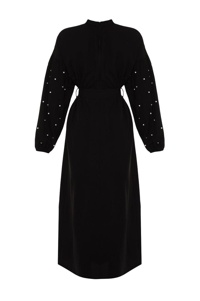 Women's Fashion New Hijab Dress Black Belted Pearl and Stone Detailed Woven Dress