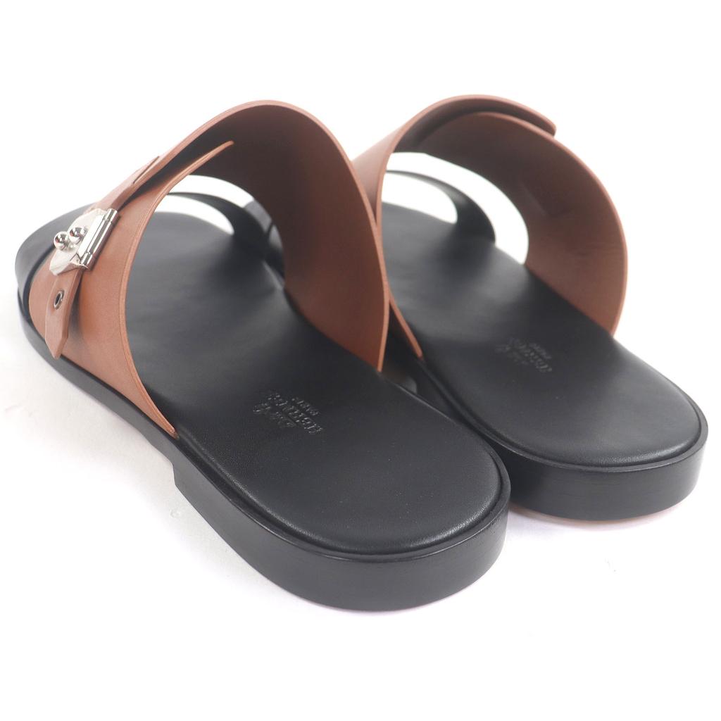 Pristine HERMES Sandals Shower Sandals Slides with Silver Metal Black brown Used