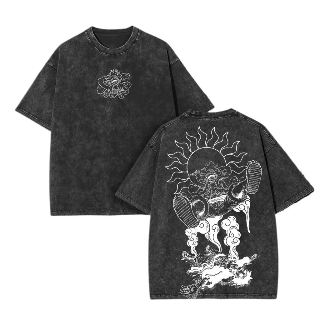 ONE PIECE Anime Trend Explosion Nika Luffy Gear5 Harajuku Retro Baumwolle Gewaschenes T-Shirt Herren Streetwear Oversized Damen Unisex Oberteil