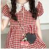 Checkered Doll Collar Lace Women's Shirts Bubble Short Sleeved Single Breasted Shirt Summer Student Versatile Loose Tops