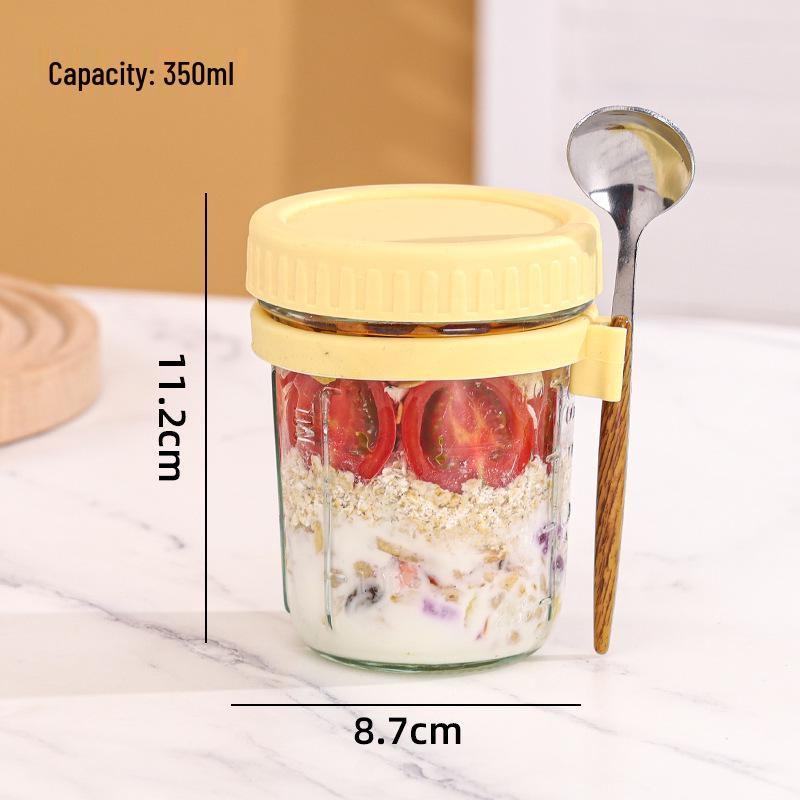 Portable Overnight Oats Yogurt Cup with Lid & Spoon - Stylish Glass Breakfast Container 350ml