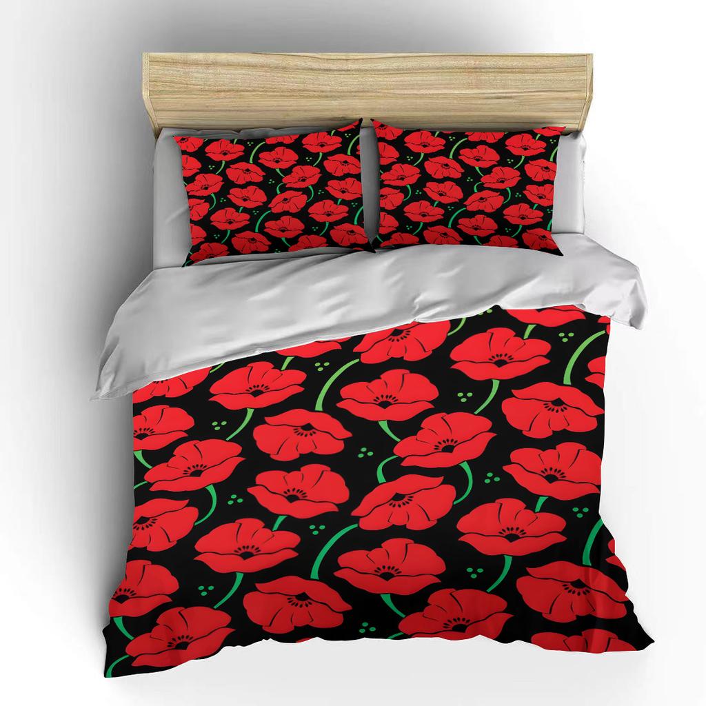 Red poppy pattern on black background Print Soft Comfortable Duvet Cover Bedding Set Included 1*Duvet Cover 2*Pillowcases