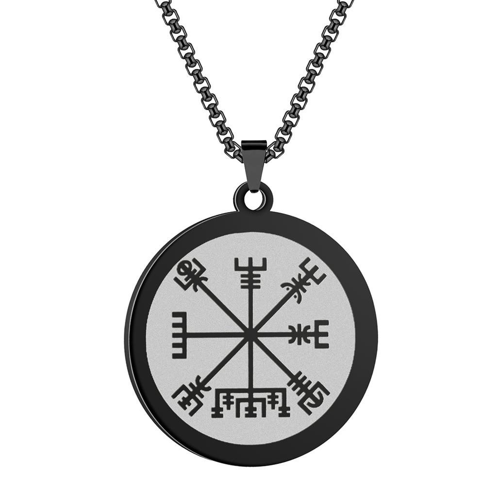 Kinitial Viking Compass Vegvisir Pendant Necklace for Men Boys Stainless Steel the Witcher Medallion Charm Chain Hip Hop Jewelry