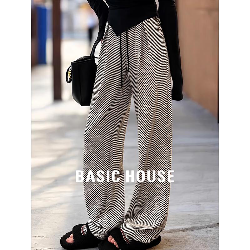Basic House Women s High-Waist Striped Wide-Leg Floor-Length Pants L
