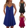 Women V Neck Sleeveless Buttons Pleated Large Hem Sundress Knee-length Dress