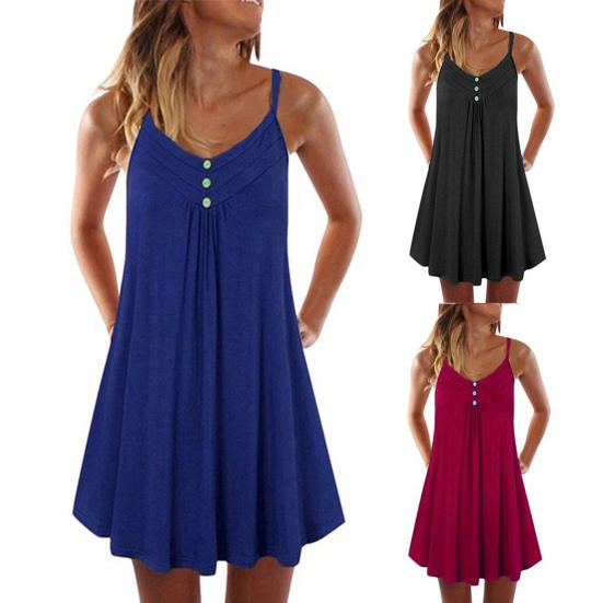 Women V Neck Sleeveless Buttons Pleated Large Hem Sundress Knee-length Dress