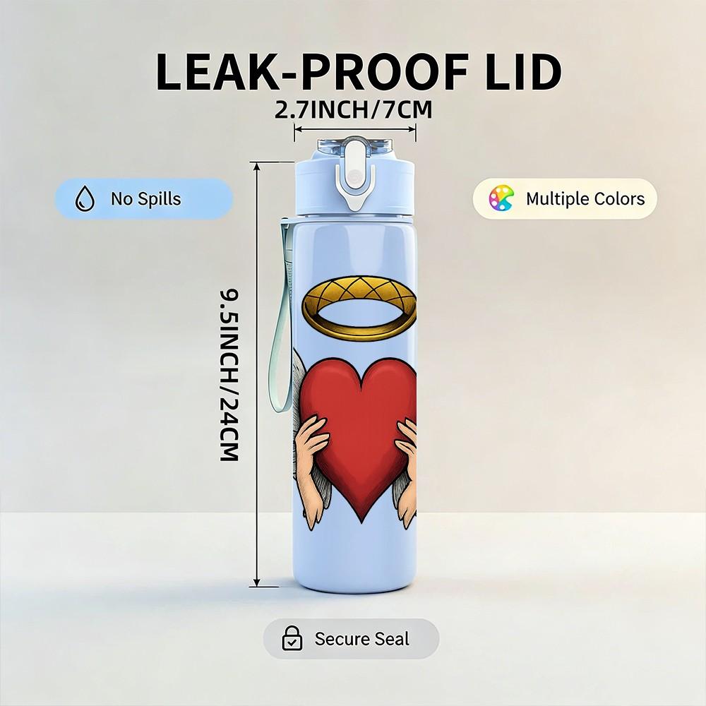 1PC Angel Wing Sacred Heart Pattern 750ml Color Plastic Sports Water Bottle Leakproof Flip Straw Lid Suitable for Sports Office Home Use