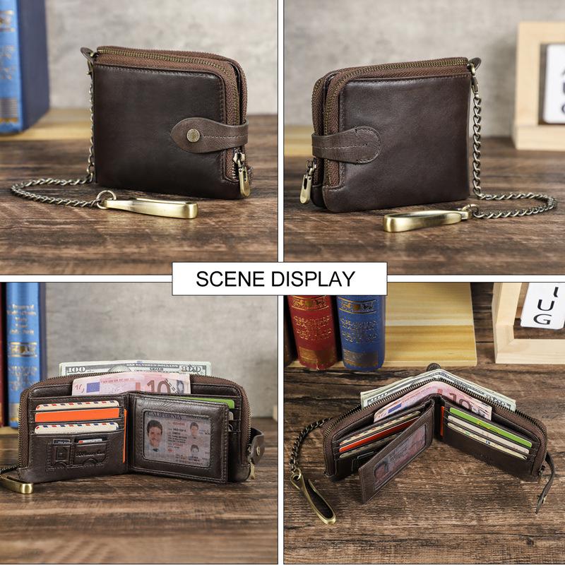 Black Angel RFID Anti-Theft Men's Wallet with Cowhide, Chain, Zipper, and Fashion Buckle