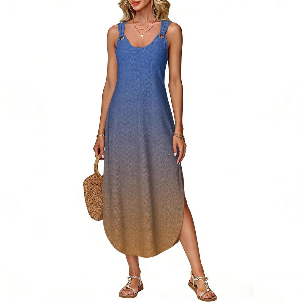 Women's Summer Long Dress, Sleeveless with Side Slits, Long Gradient Vest Dress