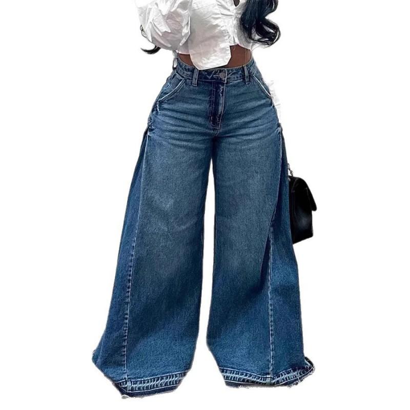 Womens Y2K Vintage Wide Leg Denim Pants Low Waist Flared Trousers Loose Fit Dragging Length
