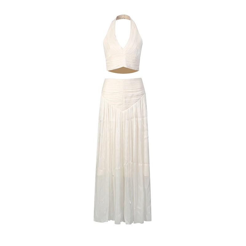French Temperament Gentle Style Suit Women's Neck Sleeveless Top + Pleated Skirt Two-piece Set