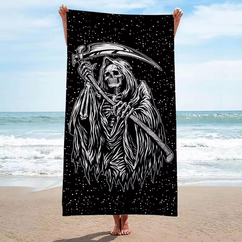 Asciugamano da Spiaggia in Microfibra Morbida ad Asciugatura Rapida con Stampa Teschio Nero Morte Grande Asciugamano da Spa alla Moda per Uomini e Donne Regalo di Halloween
