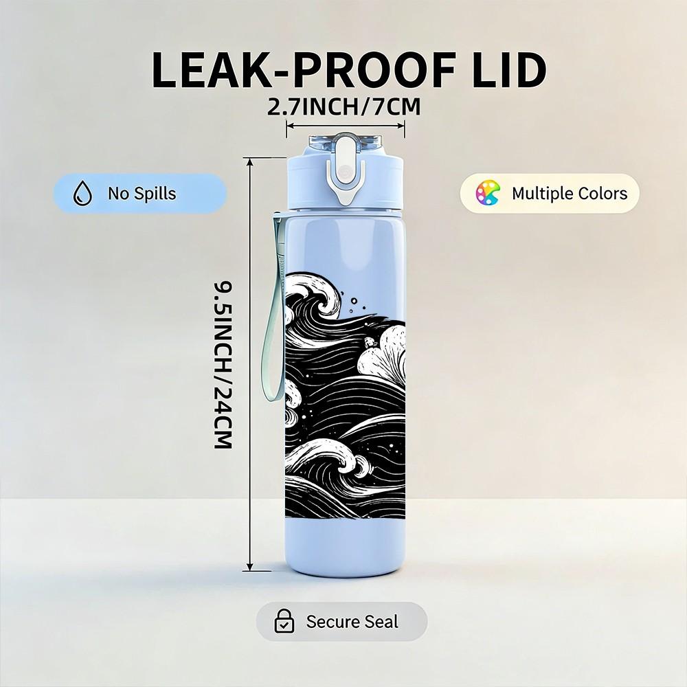 1PC Black White Ocean Wave Art Print 750ml Color Plastic Sports Water Bottle Leakproof Flip Straw Lid Suitable for Sports Office Home Use
