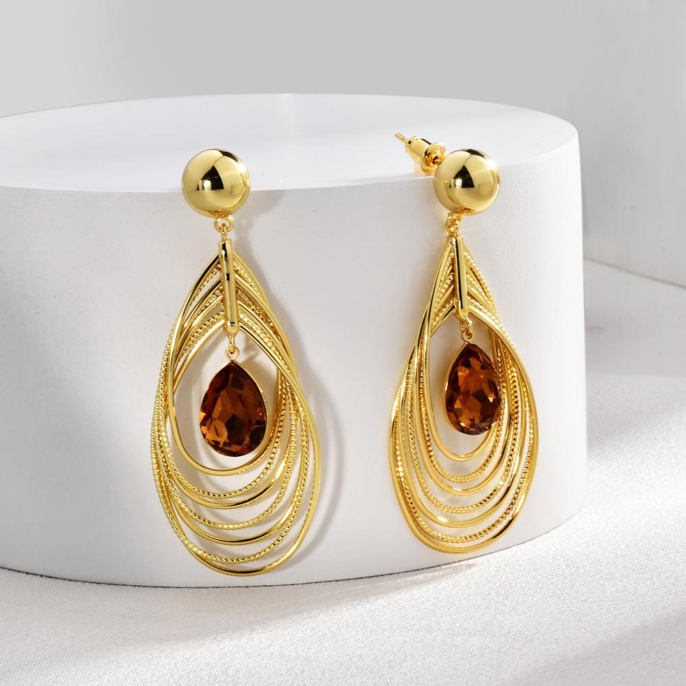 

European Statement Multi-Layer Hollow Teardrop Earrings Amber Zircon Drop Dangle Earrings for Women