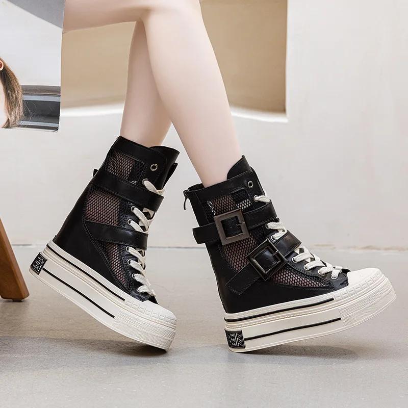 Fashion 12CM Hollow Patent Leather Summer Breathable Buckle Wedge Platform Wedge ZIP Fashion Sandals Casual Knee High Ankle Boots Shoes