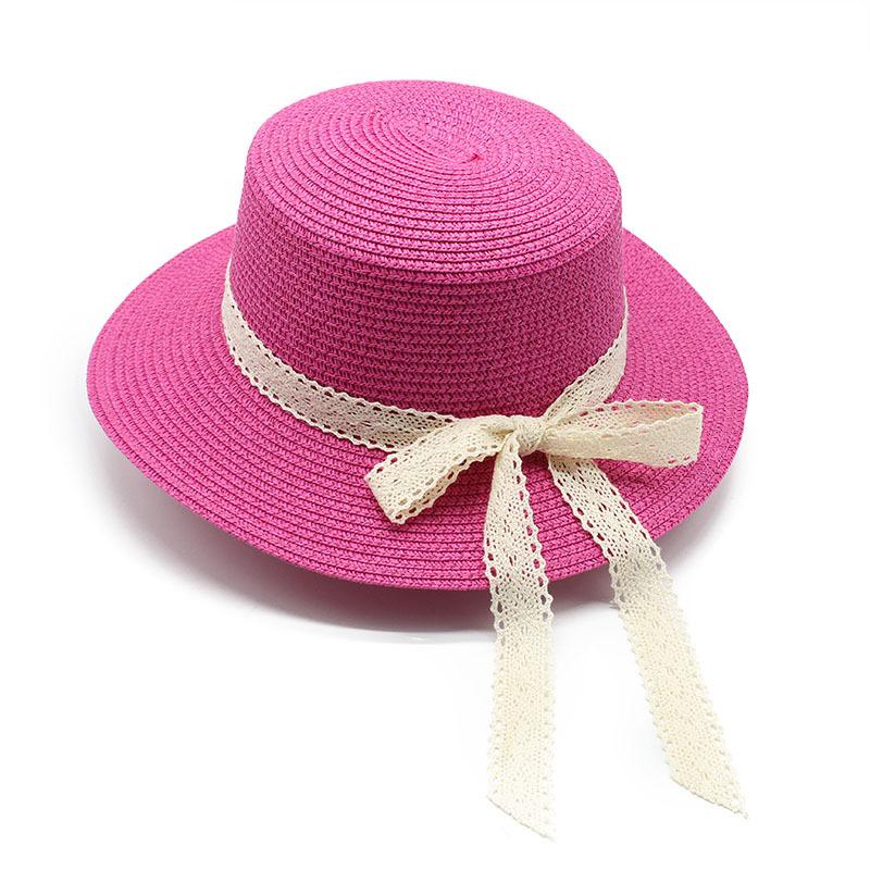 Straw Hat Women'S Summer British Style Lace Bow Flat Top Top Hat Sunshade Sun Protection Straw Hat Beach Hat Sun Hat