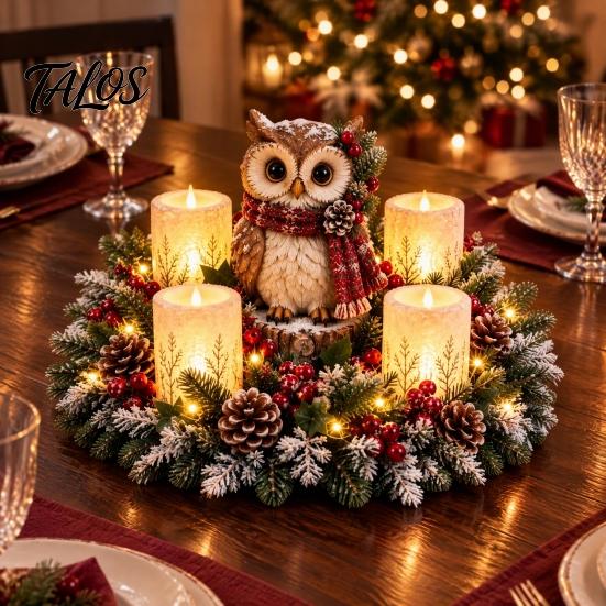 Holiday Resin Ornaments Lighted Highland Cow Christmas Table Centerpiece, Flickering LED Flameless Candles, Frosted Red Berry Seasonal Accents