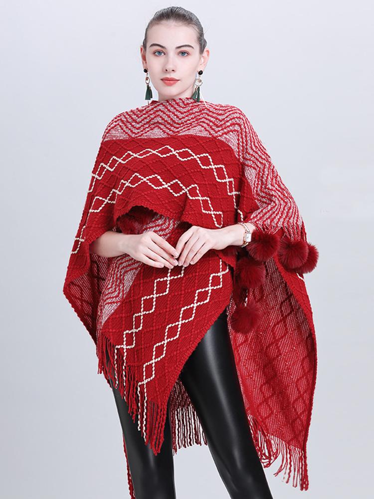 New Imitation Cashmere Elegant Women Pompom Scarf Winter Ladies Striped Fringed Poncho Femme Capa Para Mujer Pashmina Wrap Shawl