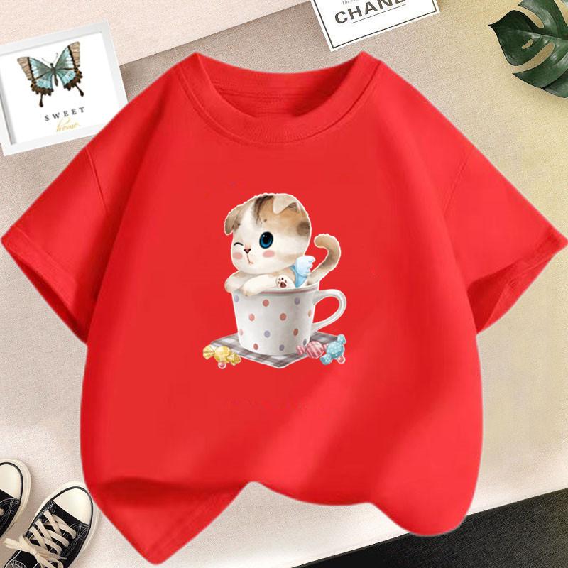 Cotton 100% Cute Cat Drinking Milk Tea Kawaii Clothes Tops Harajuku Funny Cartoon Short Sleeve T-shirt
