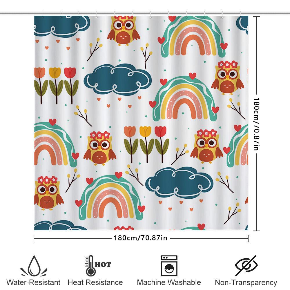 Creative Owl Pattern Shower Curtain Rainbows Clouds Bathroom Decor Waterproof Fabric Home Decoration Modern Washcloth White Size