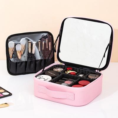 Bolsa de Maquilhagem de Viagem com Espelho para Mulheres, Caixa de Pincéis de Maquilhagem Portátil de Grande Capacidade, Bolsa de Maquilhagem de Mão com Divisórias