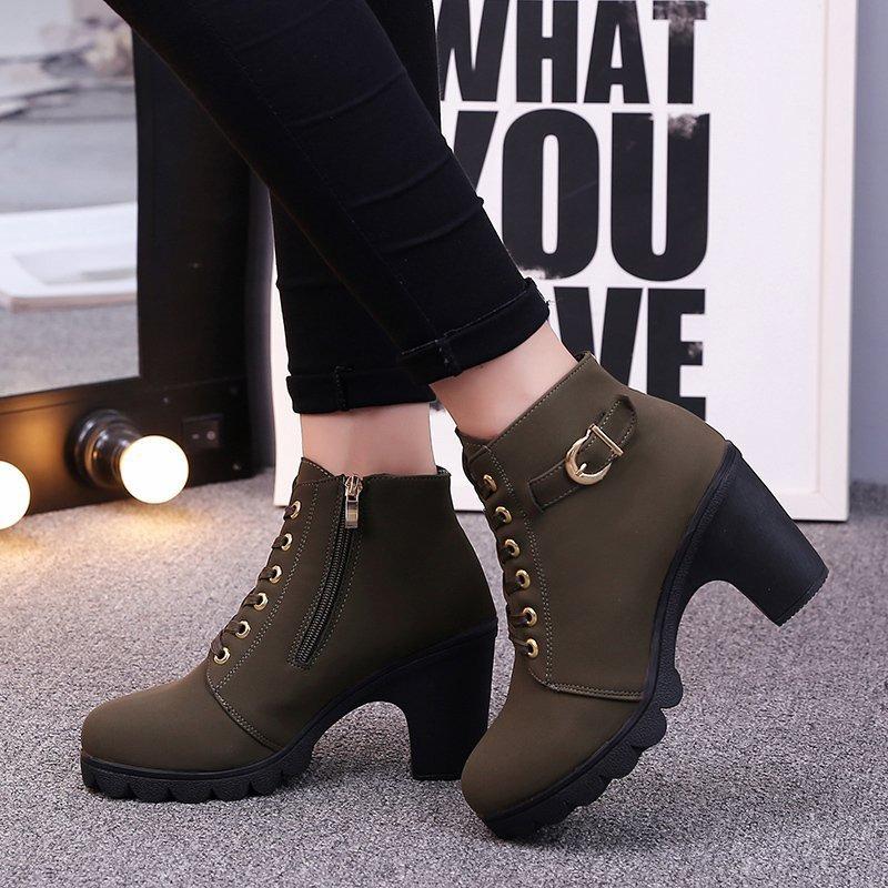 Short Boots for Women Round Metal Buckle High-heeled Women's Boots British Style Side Zipper Casual Boots Botas Mujer