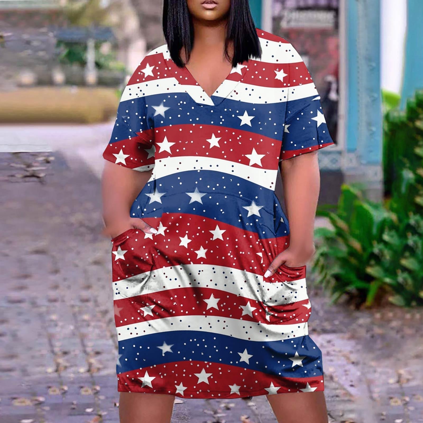 Women s Plus Size Flag Print Casual Dress with Pockets Patriotic Summer Dress XXL красный