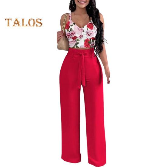 Καλοκαιρινά ρούχα δύο τεμαχίων για γυναίκες, αμάνικο παντελόνι με φαρδιά μπατζάκια και V λαιμόκοψη, καλοκαιρινό, casual, ασορτί κοστούμι με φλοράλ print