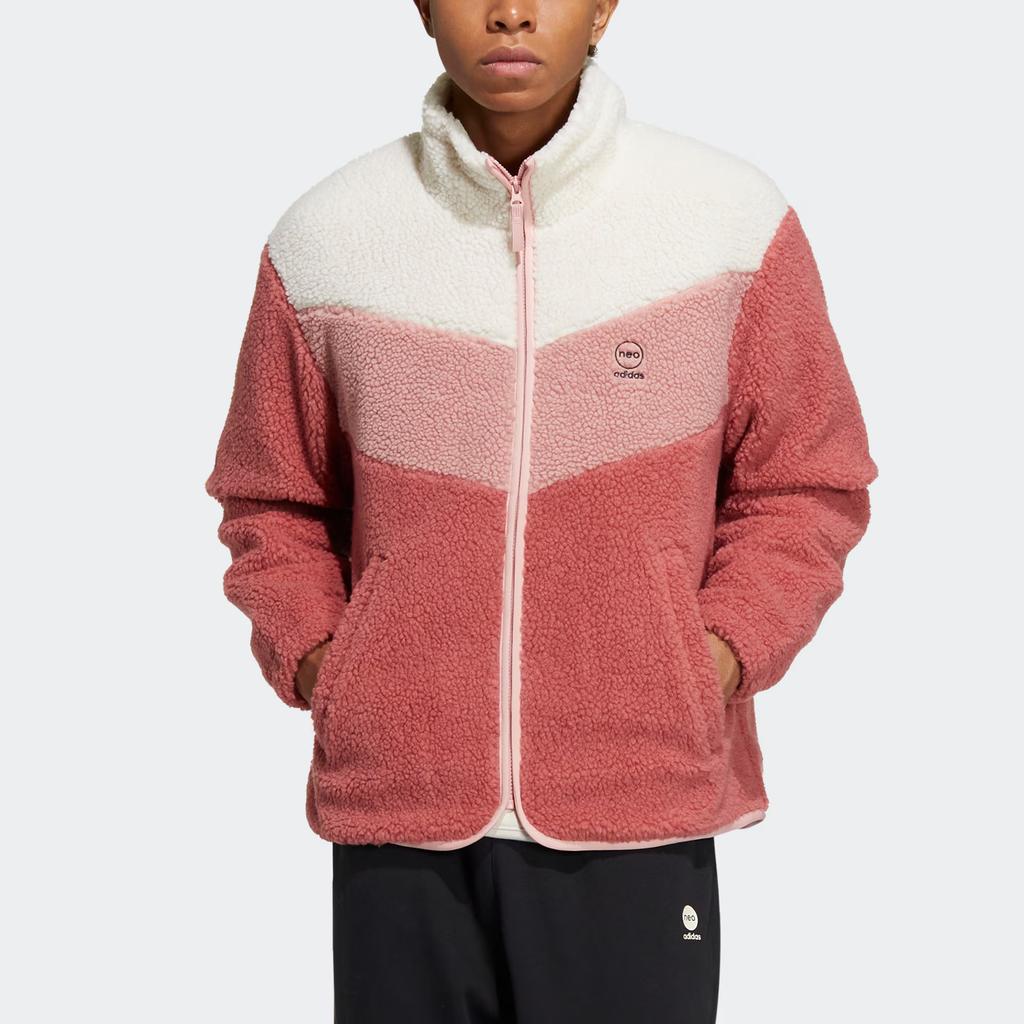 Adidas Neo Logo Print Stand Collar Fleece Zip Jacket Unisex Outerwear Red HY9652