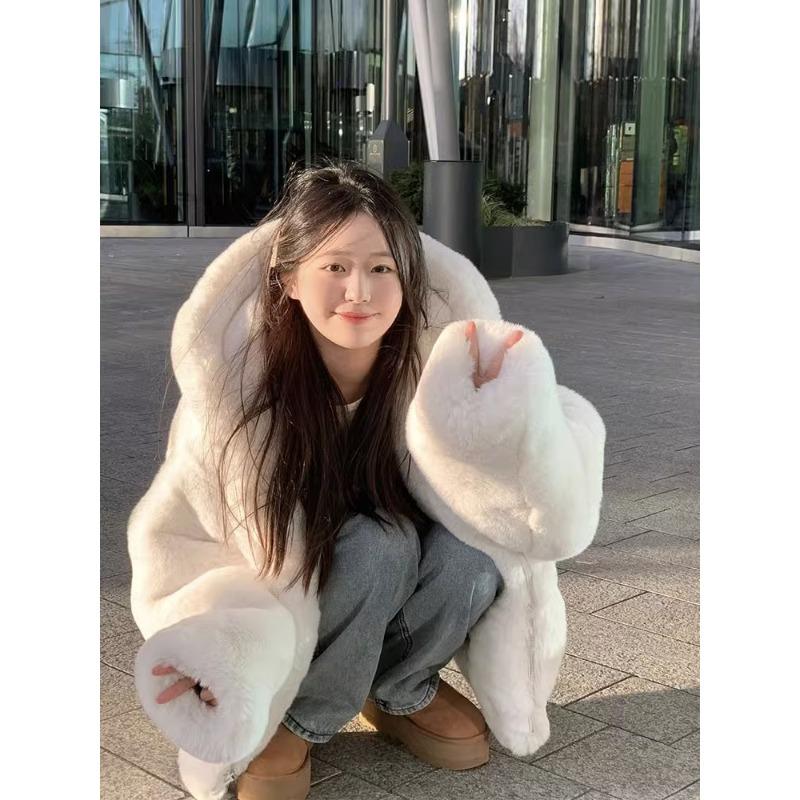 Rex rabbit wool lamb wool hooded coat women's medium and long autumn and winter new loose thickened plush coat