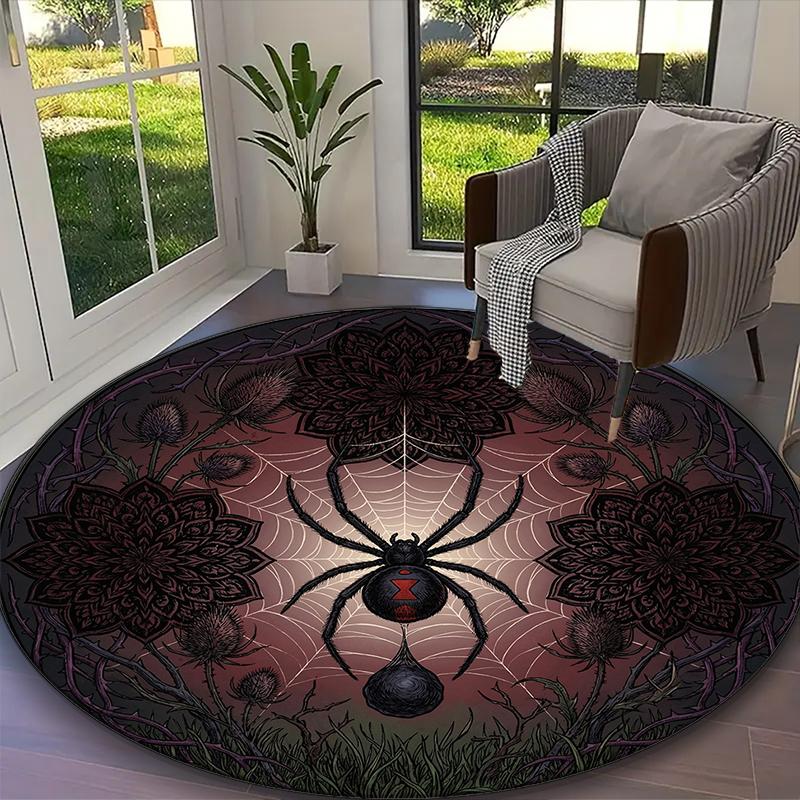 1pc Digital Printed Chair Rug for Home Office Use, Dark Gothic Spider Web Blooms Carpet Appropriate for All Seasons, Soft Round Carpet