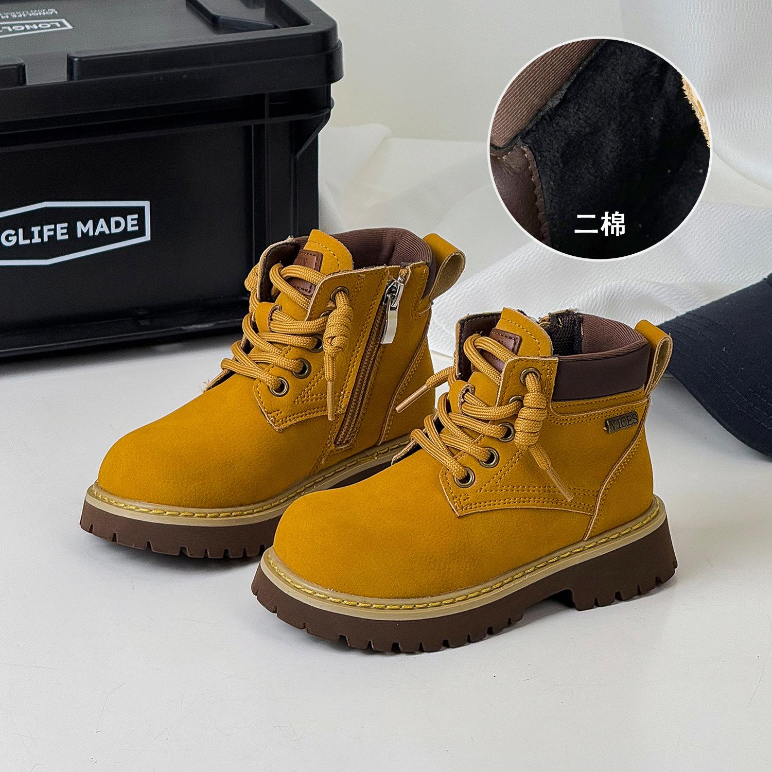 

2025 осень и зима новая детская маленькая желтая обувь мода британский стиль мальчики повседневные кожаные ботинки девочки большие желтые ботинки ботинки Мартин 26-30 yards whole hand 5 pairs starting batch