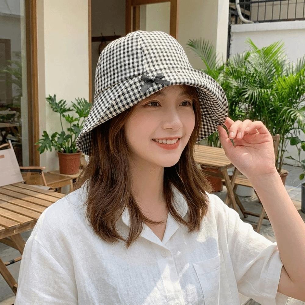 Gingham Check Plaid Bucket Hat Casual Fisherman Hat Stylish Wide Brim Sun Hat Beach