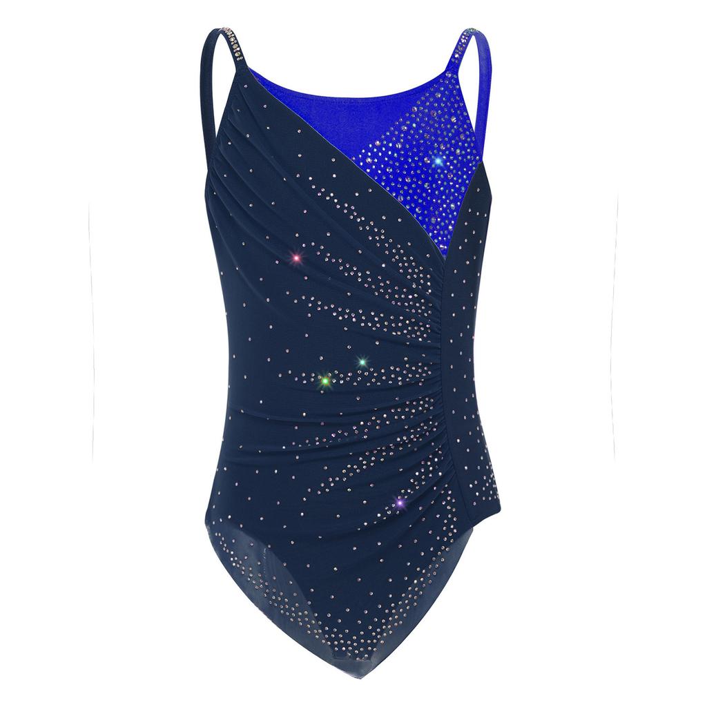 Vestito da Ginnastica da Bambina Senza Maniche con Rucher, Patchwork in Rete, Strass Scintillanti, Slip Integrati