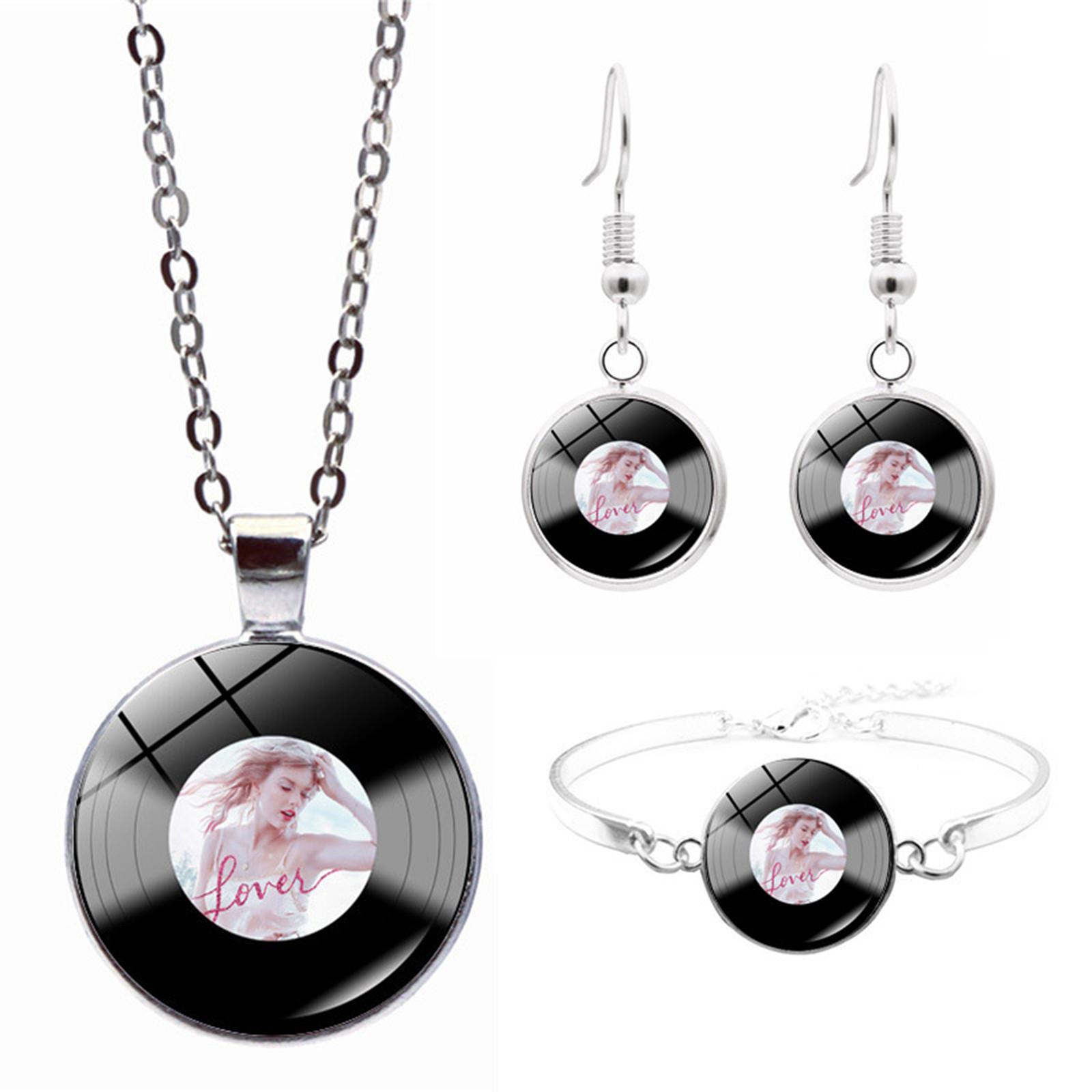 

Fashion Jewelry Set Vinyl Record Pendant Necklace Dangle Earrings Adjustable Chain Bracelet 3 Piece Music Inspired Accessories One Size