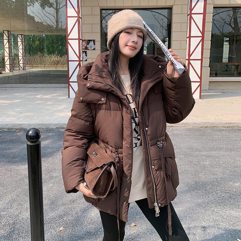 Winter New Medium and Long Pinghu Down Jacket Women's Leisure Thickened Waist Hooded Warm High-end