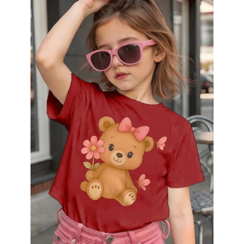 Baby Girls Crewneck Short Sleeve Tee, Cute Bear Butterfly Flower Print Sweet Casual Top for Spring Summer Fall