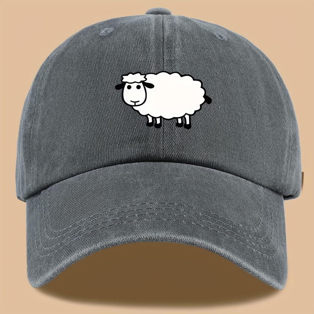 Lamb print truck cap with adjustable retro wash design suitable for outdoor activities, vacations, hiking, fishing