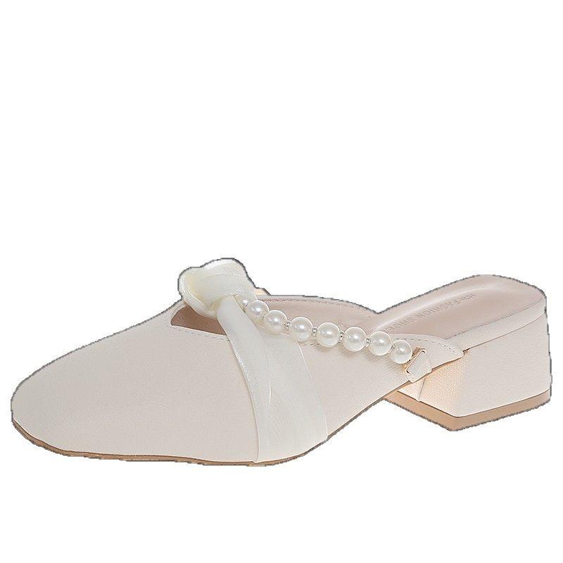 Pearl bag head half slippers women's spring and summer new high heels thick heel lazy outer wear