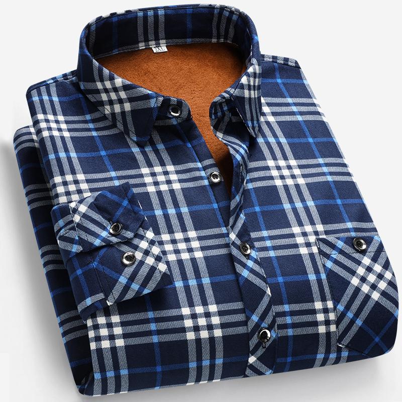 Autumn and winter men's padded and thickened warm square collar shirt long-sleeved business casual plaid shirt