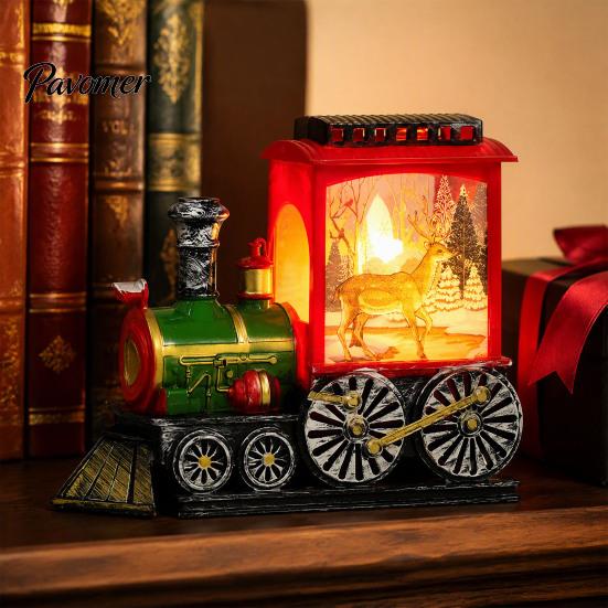Snowy Christmas Night Ornament Train Snow with Light, Battery Powered Winter Desktop Decor Decoration, Swirling Glitter Decor, Lighted Tabletop