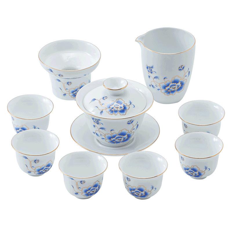 Porcelain Kung Fu Ceramic Gaiwan Tasting Household Simple Blue and White Tea Cup Gift Box Set Customizable Log